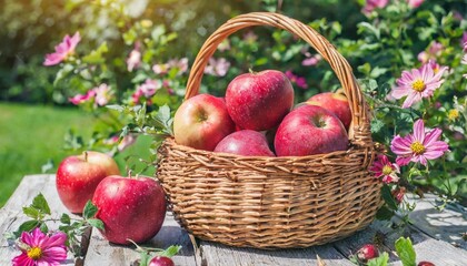 Fototapeta na wymiar basket full of selected red apples in the garden among flowers