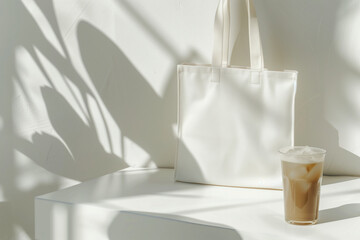 Fresh and Airy Tote Bag Mockup by Window with Bright Sunlight Iced Coffee and Plant