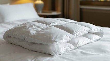 White folded duvet on bed for winter season preparation in household or hotel textile