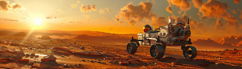 Mars rover exploring a rocky landscape at sunset - obrazy, fototapety, plakaty