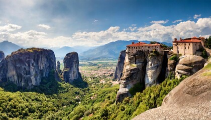 meteora monasteries unique panoramic view on the roussanou monastery placed on the edge of high rock the meteora area is on unesco world heritage greece - obrazy, fototapety, plakaty