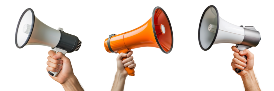 Set of close-up of a white and orange megaphone held in hand, isolated on a white or transparent background. The megaphones is directed sideways. Concept of advertising campaign, loud message.