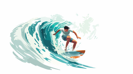 Man surfing in wave cartoon flat vector illustrationt - obrazy, fototapety, plakaty