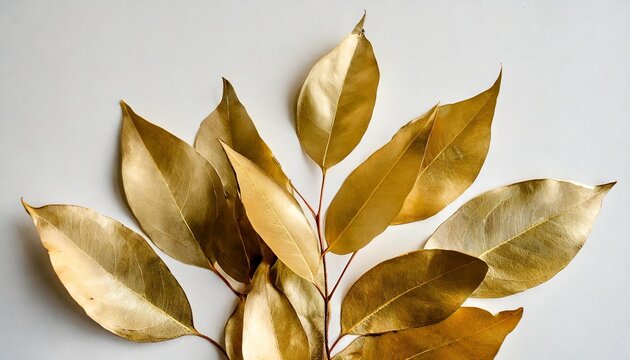 gold leaves eucalyptus populus on white background flat lay top view