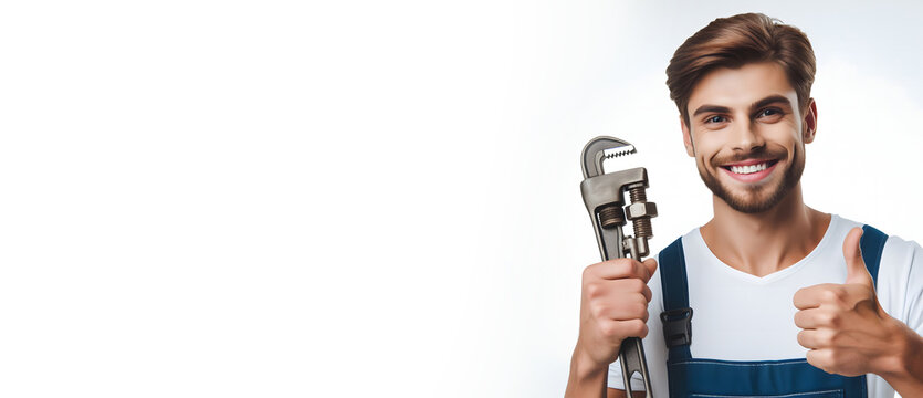smiling plumber holding pipe wrench and showing thumb up sign isolated on white