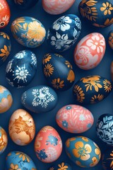 Fototapeta na wymiar Many painted Easter eggs on a plain, smooth dark blue background. For design layout of invitation, cards, menu, flyer, poster, voucher.