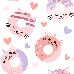 Fashion abstract seamless pattern with cat donuts. Cool background on cute style for girl