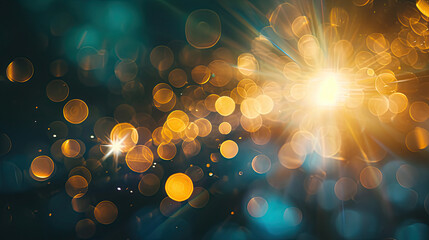 abstract backdrop with orange particles and light rays and a blue  bured background.