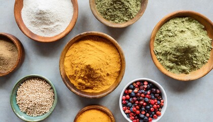 different powders powdery substances in bowls and loose isolated over a transparent background natural cosmetics or ingredients top view flat lay