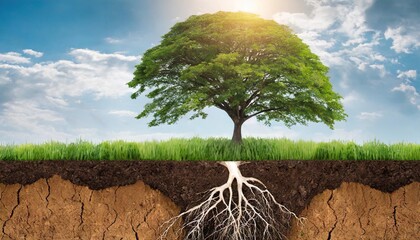 tree with its root system going deep into the ground soil cross section illustration - obrazy, fototapety, plakaty