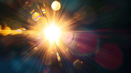 abstract bokeh background with orange particles and light rays and a pink lens flare.