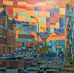 Geometric painting yellow, red, blue, grey, green, violet colors. Kyiv, Ukraine. Abstract View on the city. Ukrainian architecture, acrylic on canvas painting created by artist. 