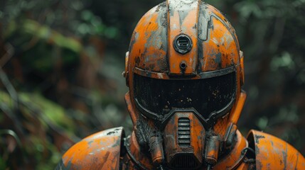 Robot in the post-apocalyptic universe, a damaged and rusty armor, in dark and orange metal style. - obrazy, fototapety, plakaty