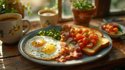 Breakfast with scrambled eggs and cups of aromatic coffee