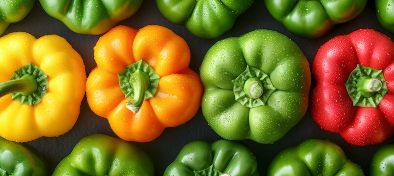 Colorful fresh bell peppers background with green, red, and yellow vegetables for vibrant backdrop