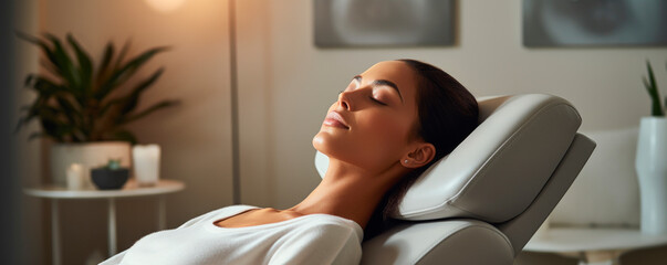 A content woman reclines in a chic spa environment, eyes closed, donning a white robe; a wide shot showcases her relaxation and well-being againss
