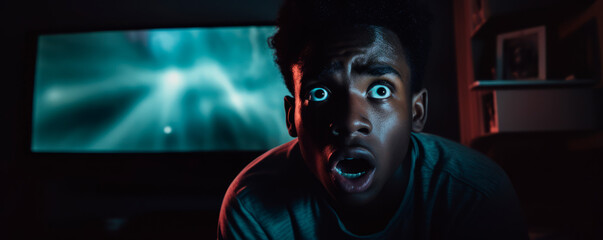 A young man's face, lit by the eerie glow of a TV, shows his eyes wide with fear as he is deeply absorbed in a suspenseful drama, capturing the thrill and shock of cinematic storytelling.