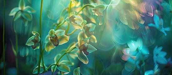 A vibrant painting featuring a bunch of wild orchids in full bloom on a lush green background. The delicate flowers stand out against the backdrop, creating a vivid and colorful composition.