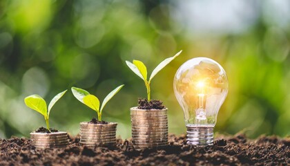 the light bulb sits on the ground plants grow on stacked coins renewable energy production is essential for the future green businesses using renewable energy can limit climate change - obrazy, fototapety, plakaty