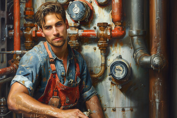 Illustration of a handsome plumber against water metering equipment - obrazy, fototapety, plakaty