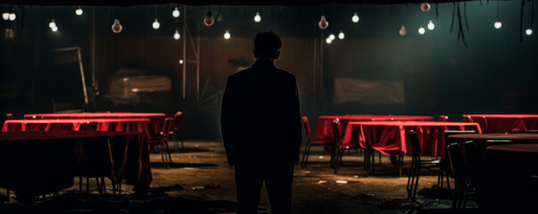 A man dressed in a dark suit stands among empty tables under the soft glow of string lights, reflecting the quiet, contemplative mood of a space lingering with the atmosphere of a concluded event. - obrazy, fototapety, plakaty