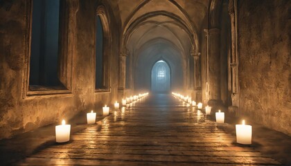 3d render of an old dark misty hallway lit with candles - obrazy, fototapety, plakaty