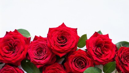 frame of red roses shrub rose on a white background with space for text