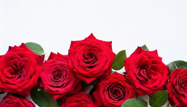 frame of red roses shrub rose on a white background with space for text