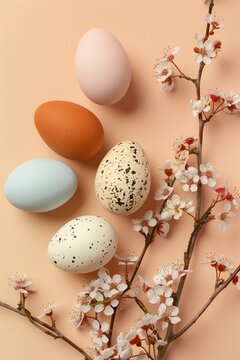 Poster and banner template with decorated eggs on a plain beige concrete background with a blooming spring twig. Festive egg hunt. Layout design for invitation, card, menu, flyer, banner, poster.