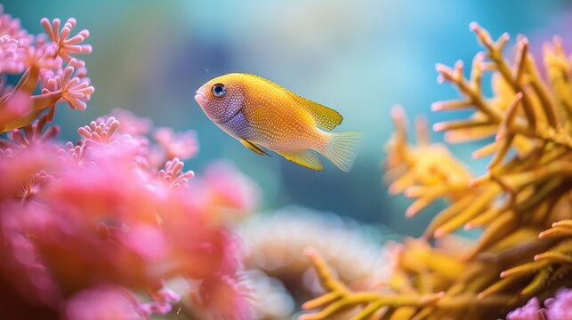 Colorful dottyback fish swimming among vibrant corals in a beautifully decorated saltwater aquarium