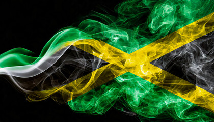 Drapeau jamaicain sous forme d'ondulation de fumées colorées avec les couleurs de la Jamaique