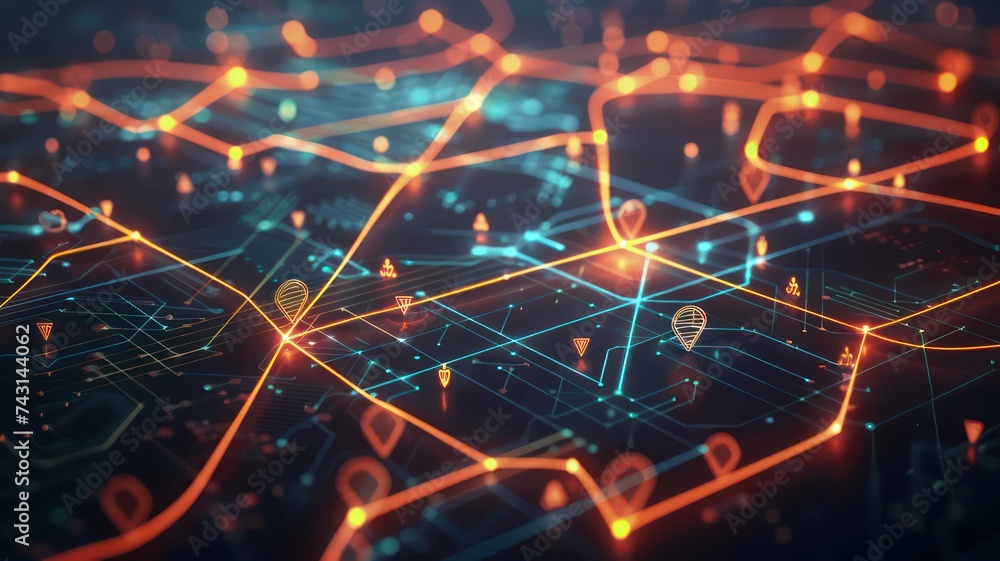 Poster digital blue background with glowing orange thin lines created with generative ai