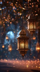 Ramadan and Arabic Lanterns in the night city, Ramadan Kareem background