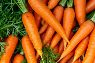 Texture background of fresh large organic orange carrots. Generative AI
