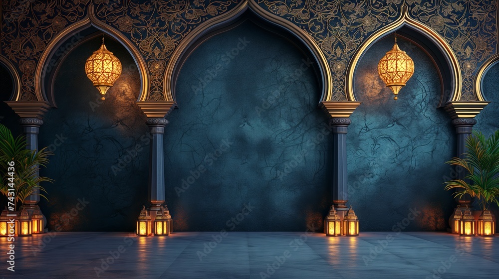 Wall mural 3D rendering of a beautiful arabic interior with lanterns, Ramadan Kareem background