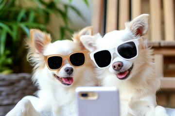 Chihuahuas dog with sunglasses vacation selfie on Iphone