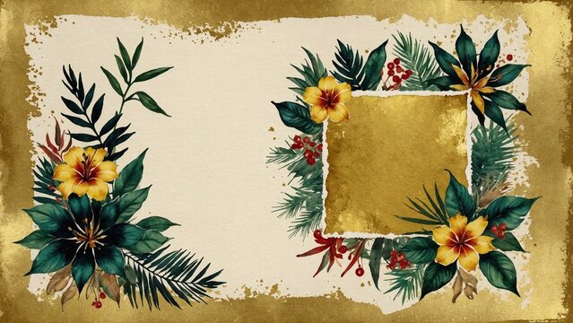 watercolor framework for invitation or congratulation with tropical flowers golden background with copy space