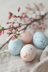 Poster and banner template with decorated eggs on a plain grey concrete background with a blooming spring twig. Festive egg hunt. Layout design for invitation, card, menu, flyer, banner, poster.