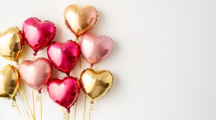 A cluster of heart-shaped balloons in pink and gold tones with a white background. Suitable for Valentine's Day, celebrations, and love themes.