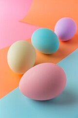 Minimalist Easter composition on a plain smooth orange-pink background. For design layout of invitation, cards, menu, flyer, poster, voucher.