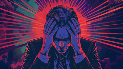 Businessman in despair holds his head in his hands. Generative ai fictional character vector illustration. Pop art comic book style imitation.  - obrazy, fototapety, plakaty