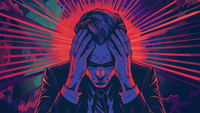 Businessman in despair holds his head in his hands. Generative ai fictional character vector illustration. Pop art comic book style imitation. 