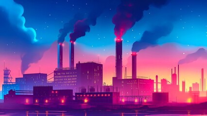 Gas fired power plants and sprawling factory buildings, tirelessly working to generate the electricity powers. - obrazy, fototapety, plakaty