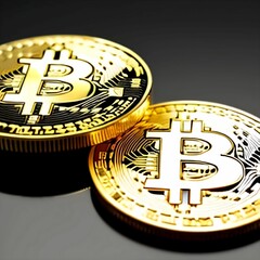 Bitcoin. Crypto currency. Golden coins of bitcoin on a dark background