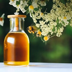 Honey in a glass jar and a bumblebee on a green background