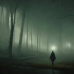 Silhouette of a woman in the forest at night with fog