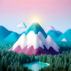 Mountain landscape with lake and forest at sunset. Vector illustration.