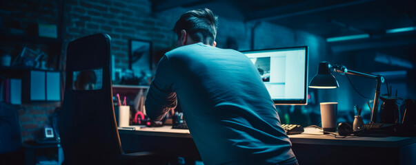Viewed from behind, a man works diligently at his computer late at night, the room awash in the cool blue hues of screen light, symbolizing deep focus and an unwavering drive for innovation.