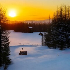 Beautiful winter sunset in the mountains. Carpathians, Ukraine