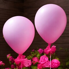 Two pink balloons and bouquet of pink roses on a wooden background